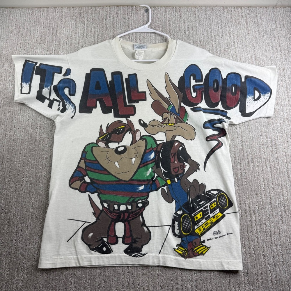 VTG 1995 Looney Tunes Its All Good Taz Wile E Coyote AOP T Shirt Size L White
